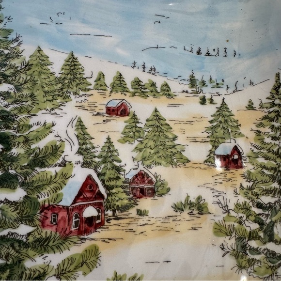 Maxcera SNOWVILLE Square Dinner Plate Winter Snowy Forest House Evergreen Set 2 - Picture 8 of 16